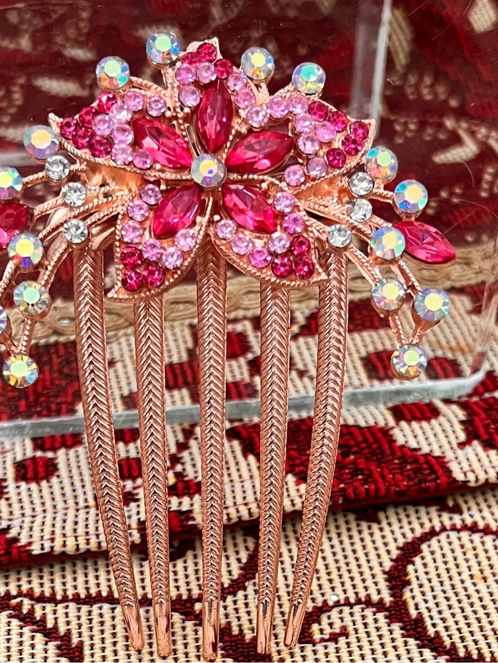 Vintage Style Pink-Rose Clear Rhinestones Floral Hair Comb Bonus Sachet HTF New
